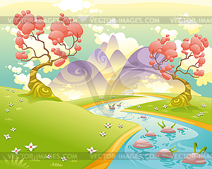 Mythological landscape with river - stock vector clipart