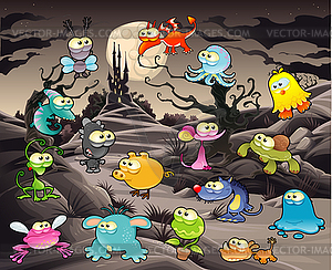 Funny monster with landscape and castle - vector clipart