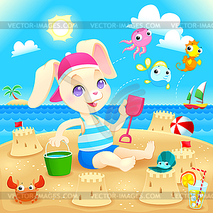 Young rabbit makes castles on beach - vector image