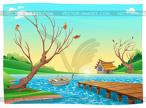 Lake with boat - vector clipart