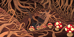 Underground with roots and mushrooms - vector clipart