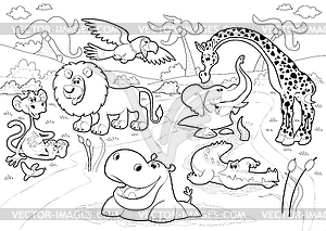 African animals in jungle in black and white - vector clipart