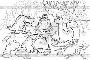 Funny dinosaurs in prehistoric landscape, black - vector clip art