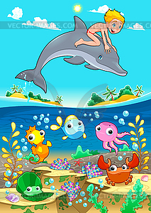Мальчик и дельфин с рыбой УНДЕ море - цветной векторный клипарт