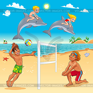 Funny summer scene with dolphins and beachvolley - vector clipart