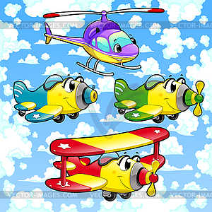 Cartoon airplanes and helicopter in sky - vector clipart / vector image