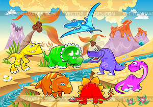 Динозавры радуга в ландшафте - векторное изображение EPS