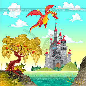Фэнтези пейзаж с замком и драконом - векторизованное изображение клипарта