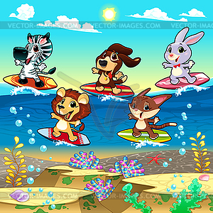 Funny animals surfing on sea - vector image