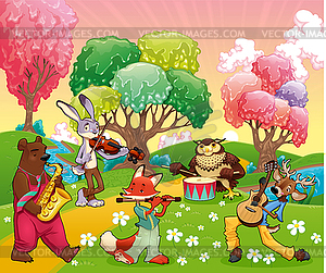 Musician animals in fantasy landscape - vector clipart