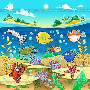 Family of funny fish in sea - vector clipart