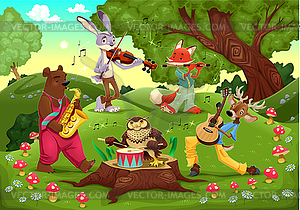 Музыканты животные в лесу - изображение в векторе / векторный клипарт