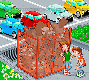 Twins are near recycling cage - vector clipart