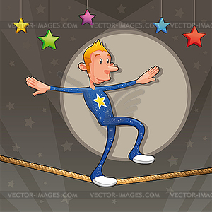 Funny equilibrist is walking on tightrope - vector clip art