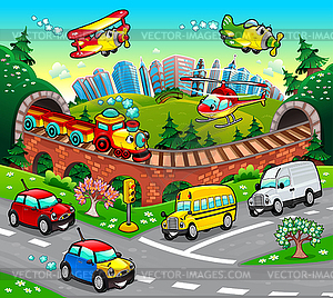 Funny vehicles in city - vector clipart