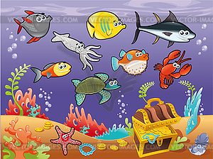 Family of funny fish under sea - vector clipart