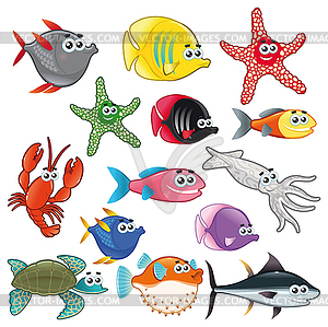 Family of funny fish - vector image
