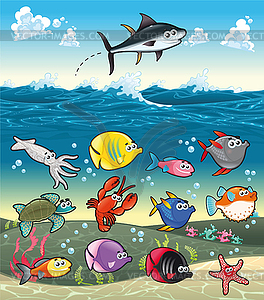 Family of funny fish under sea - vector image