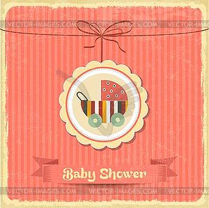 Retro baby shower card with stroller - vector image