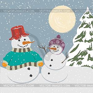 Vintage christmas poster with snowmen - vector clipart