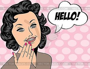 Cute retro woman in comics style with message - vector clipart