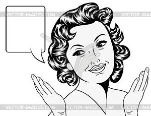 Cute retro woman in comics style with message - vector clipart