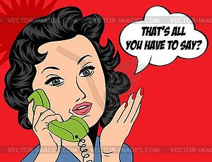 Cute retro woman in comics style with message - vector image