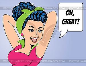 Cute retro woman in comics style with message - vector EPS clipart