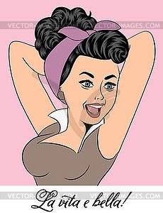 Cute retro woman in comics style with message - vector image