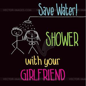Забавный с сообщением: Экономьте воду, душ с г - клипарт в формате EPS