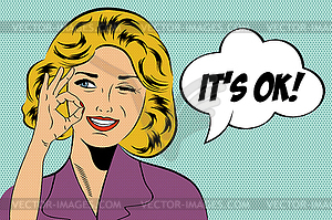 Pop art cute retro woman in comics style with - vector image