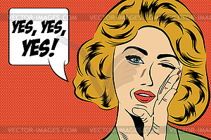 Pop art cute retro woman in comics style with - vector image
