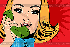 Pop art cute retro woman in comics style talking - vector image