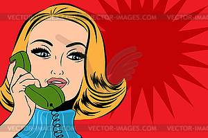 Pop art cute retro woman in comics style talking - vector image