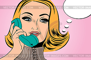 Pop art cute retro woman in comics style talking - vector image