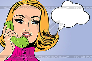 Pop art cute retro woman in comics style talking - vector clip art