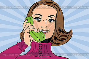 Pop art retro woman in comics style talking on phone - vector image