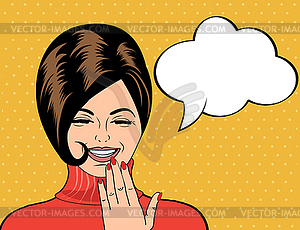 Pop art cute retro woman in comics style laughing - vector clip art