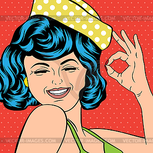 Pop art cute retro woman in comics style laughing - vector clipart