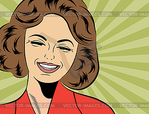 Pop art cute retro woman in comics style laughing - vector image