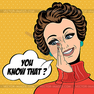 Pop art cute retro woman in comics style laughing - vector clipart