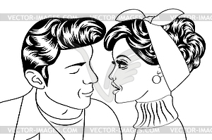 Pop art cute retro couple in comics style - vector clipart