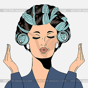 Woman with curlers in their hair, - vector clip art