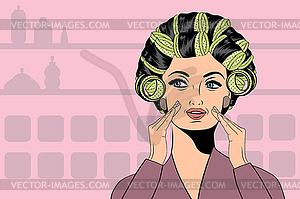 Женщина с бигуди в волосах - векторное изображение EPS
