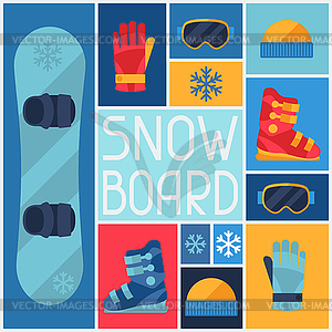 Sports background with snowboard equipment flat - vector image