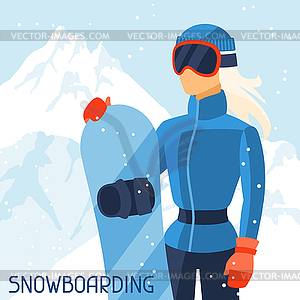 Girl snowboarder on mountain winter landscape - vector image