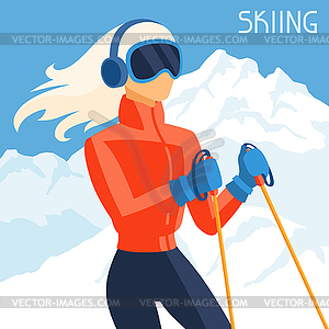 Girl skier on mountain winter landscape background - vector clipart