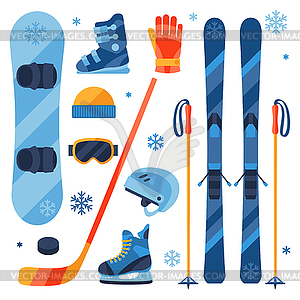 Winter sports equipment icons set in flat design - vector clipart