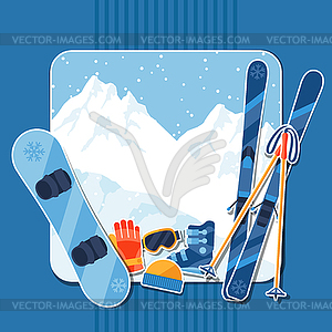 Winter sports background with equipment sticker fla - vector clipart