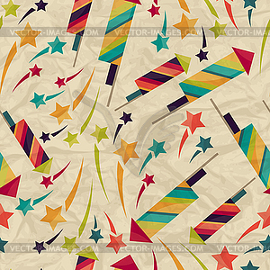 Seamless pattern with fireworks on crumpled paper - vector clip art